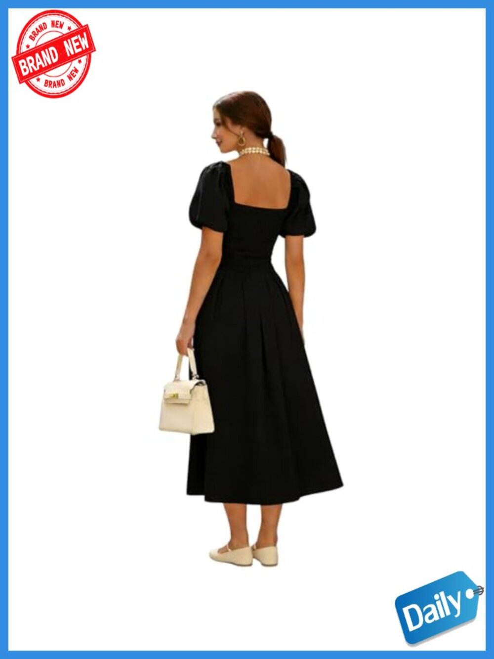 Women's Puff Sleeve Midi Dress Cut Out A-Line Flowy With Pockets - Picture 3 of 6